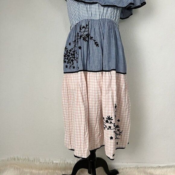 Hemant & Nandita Melantha Blue Pink Check Print One Shoulder Ruffle Dress Size M - Picture 9 of 11